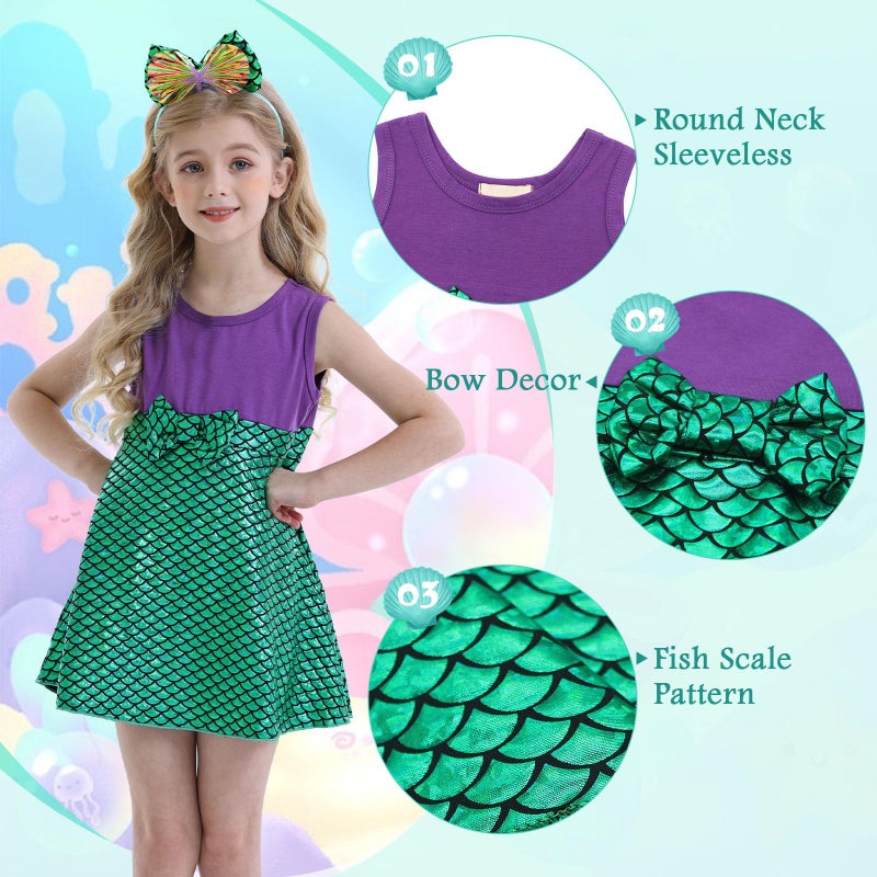 HenzWorld Little Girls Mermaid Costume Princess Dress up Halloween Costumes for Girls Birthday Party Gift Cosplay Halloween Outfit Green Fish Scale Sleeveless Purple 5t Kids Age 5-6 Years - Image 4